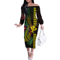 Hawaii Kakau Hammerhead Shark Family Matching Off The Shoulder Long Sleeve Dress and Hawaiian Shirt Neon Plumeria Pattern LT01 Mom's Dress Black - Polynesian Pride