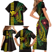 Hawaii Kakau Hammerhead Shark Family Matching Short Sleeve Bodycon Dress and Hawaiian Shirt Neon Plumeria Pattern LT01 - Polynesian Pride
