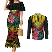 Hawaii Kanaka Maoli Flag Day Couples Matching Mermaid Dress and Long Sleeve Button Shirt Tropical Flowers LT01 Black - Polynesian Pride