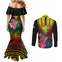 Hawaii Kanaka Maoli Flag Day Couples Matching Mermaid Dress and Long Sleeve Button Shirt Tropical Flowers LT01 - Polynesian Pride
