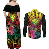 Hawaii Kanaka Maoli Flag Day Couples Matching Off Shoulder Maxi Dress and Long Sleeve Button Shirt Tropical Flowers