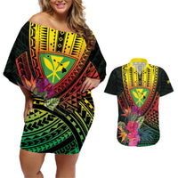 Hawaii Kanaka Maoli Flag Day Couples Matching Off Shoulder Short Dress and Hawaiian Shirt Tropical Flowers LT01 Black - Polynesian Pride