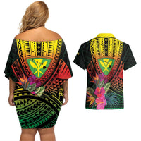 Hawaii Kanaka Maoli Flag Day Couples Matching Off Shoulder Short Dress and Hawaiian Shirt Tropical Flowers LT01 - Polynesian Pride
