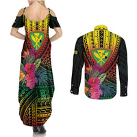 Hawaii Kanaka Maoli Flag Day Couples Matching Summer Maxi Dress and Long Sleeve Button Shirt Tropical Flowers