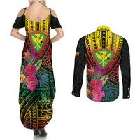 Hawaii Kanaka Maoli Flag Day Couples Matching Summer Maxi Dress and Long Sleeve Button Shirt Tropical Flowers