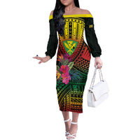 Hawaii Kanaka Maoli Flag Day Off The Shoulder Long Sleeve Dress Tropical Flowers
