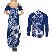 Hafa Adai Guam Couples Matching Summer Maxi Dress and Long Sleeve Button Shirt Polynesian Floral Blue Pattern LT01 - Polynesian Pride
