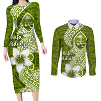 Hafa Adai Guam Couples Matching Long Sleeve Bodycon Dress and Long Sleeve Button Shirt Polynesian Olive Green Blue Pattern LT01 Green - Polynesian Pride