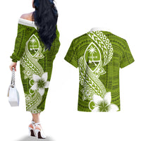 Hafa Adai Guam Couples Matching Off The Shoulder Long Sleeve Dress and Hawaiian Shirt Polynesian Olive Green Blue Pattern LT01 - Polynesian Pride