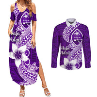 Hafa Adai Guam Couples Matching Summer Maxi Dress and Long Sleeve Button Shirt Polynesian Floral Purple Pattern LT01 Purple - Polynesian Pride