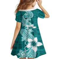 Hafa Adai Guam Kid Short Sleeve Dress Polynesian Floral Teal Pattern LT01 - Polynesian Pride