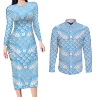 Baby Blue Mermaid Puakenikeni Maile Lei Couples Matching Long Sleeve Bodycon Dress and Long Sleeve Button Shirt LT01 Blue - Polynesian Pride