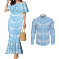 Baby Blue Mermaid Puakenikeni Maile Lei Couples Matching Mermaid Dress and Long Sleeve Button Shirt