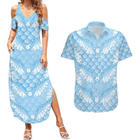 Baby Blue Mermaid Puakenikeni Maile Lei Couples Matching Summer Maxi Dress and Hawaiian Shirt LT01 Blue - Polynesian Pride
