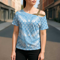Baby Blue Mermaid Puakenikeni Maile Lei Cross Shoulder Shirt