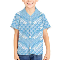 Baby Blue Mermaid Puakenikeni Maile Lei Family Matching Off The Shoulder Long Sleeve Dress and Hawaiian Shirt LT01 Son's Shirt Blue - Polynesian Pride