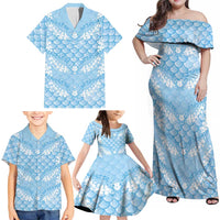 Baby Blue Mermaid Puakenikeni Maile Lei Family Matching Off Shoulder Maxi Dress and Hawaiian Shirt LT01 - Polynesian Pride