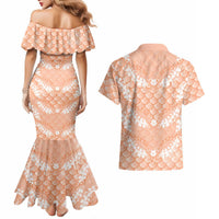 Apricot Mermaid Puakenikeni Maile Lei Couples Matching Mermaid Dress and Hawaiian Shirt LT01 - Polynesian Pride