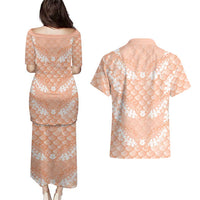 Apricot Mermaid Puakenikeni Maile Lei Couples Matching Puletasi and Hawaiian Shirt