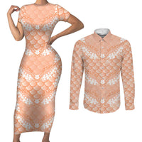 Apricot Mermaid Puakenikeni Maile Lei Couples Matching Short Sleeve Bodycon Dress and Long Sleeve Button Shirt