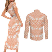 Apricot Mermaid Puakenikeni Maile Lei Couples Matching Short Sleeve Bodycon Dress and Long Sleeve Button Shirt