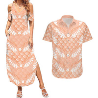 Apricot Mermaid Puakenikeni Maile Lei Couples Matching Summer Maxi Dress and Hawaiian Shirt