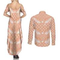 Apricot Mermaid Puakenikeni Maile Lei Couples Matching Summer Maxi Dress and Long Sleeve Button Shirt