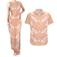 Apricot Mermaid Puakenikeni Maile Lei Couples Matching Tank Maxi Dress and Hawaiian Shirt LT01 Apricot - Polynesian Pride