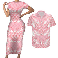 Soft Pink Mermaid Puakenikeni Maile Lei Couples Matching Short Sleeve Bodycon Dress and Hawaiian Shirt LT01 Pink - Polynesian Pride