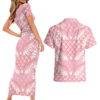 Soft Pink Mermaid Puakenikeni Maile Lei Couples Matching Short Sleeve Bodycon Dress and Hawaiian Shirt LT01 - Polynesian Pride