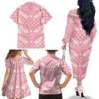 Soft Pink Mermaid Puakenikeni Maile Lei Family Matching Off The Shoulder Long Sleeve Dress and Hawaiian Shirt LT01 - Polynesian Pride