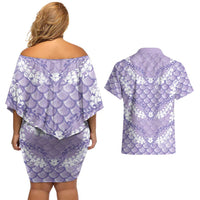 Lilac Mermaid Puakenikeni Maile Lei Couples Matching Off Shoulder Short Dress and Hawaiian Shirt