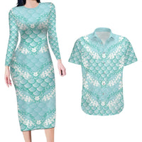 Light Turquoise Mermaid Puakenikeni Maile Lei Couples Matching Long Sleeve Bodycon Dress and Hawaiian Shirt LT01 Turquoise - Polynesian Pride