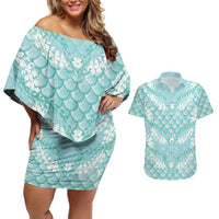 Light Turquoise Mermaid Puakenikeni Maile Lei Couples Matching Off Shoulder Short Dress and Hawaiian Shirt