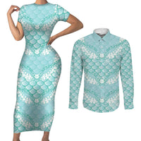 Light Turquoise Mermaid Puakenikeni Maile Lei Couples Matching Short Sleeve Bodycon Dress and Long Sleeve Button Shirt