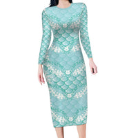 Light Turquoise Mermaid Puakenikeni Maile Lei Family Matching Long Sleeve Bodycon Dress and Hawaiian Shirt LT01 Mom's Dress Turquoise - Polynesian Pride