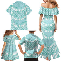 Light Turquoise Mermaid Puakenikeni Maile Lei Family Matching Mermaid Dress and Hawaiian Shirt LT01 - Polynesian Pride