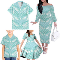 Light Turquoise Mermaid Puakenikeni Maile Lei Family Matching Off The Shoulder Long Sleeve Dress and Hawaiian Shirt LT01 - Polynesian Pride