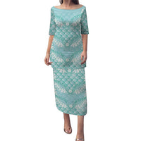 Light Turquoise Mermaid Puakenikeni Maile Lei Family Matching Puletasi and Hawaiian Shirt LT01 Mom's Dress Turquoise - Polynesian Pride