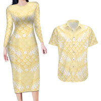 Pastel Yellow Mermaid Puakenikeni Maile Lei Couples Matching Long Sleeve Bodycon Dress and Hawaiian Shirt LT01 Yellow - Polynesian Pride
