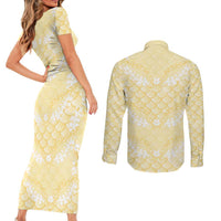 Pastel Yellow Mermaid Puakenikeni Maile Lei Couples Matching Short Sleeve Bodycon Dress and Long Sleeve Button Shirt LT01 - Polynesian Pride