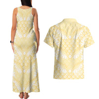 Pastel Yellow Mermaid Puakenikeni Maile Lei Couples Matching Tank Maxi Dress and Hawaiian Shirt LT01 - Polynesian Pride