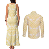 Pastel Yellow Mermaid Puakenikeni Maile Lei Couples Matching Tank Maxi Dress and Long Sleeve Button Shirt