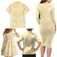 Pastel Yellow Mermaid Puakenikeni Maile Lei Family Matching Long Sleeve Bodycon Dress and Hawaiian Shirt LT01 - Polynesian Pride