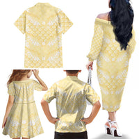 Pastel Yellow Mermaid Puakenikeni Maile Lei Family Matching Off The Shoulder Long Sleeve Dress and Hawaiian Shirt LT01 - Polynesian Pride