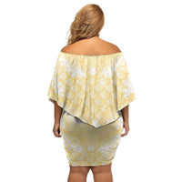 Pastel Yellow Mermaid Puakenikeni Maile Lei Family Matching Off Shoulder Short Dress and Hawaiian Shirt LT01 - Polynesian Pride