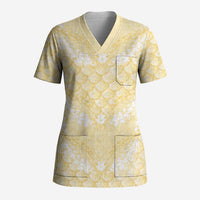 Pastel Yellow Mermaid Puakenikeni Maile Lei Scrub Top