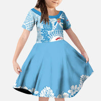Personalised Fiji Day Family Matching Off The Shoulder Long Sleeve Dress and Hawaiian Shirt Fijian Map Hibiscus Tapa Pattern LT01 Daughter's Dress Blue - Polynesian Pride