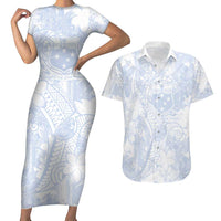 Samoa White Sunday Couples Matching Short Sleeve Bodycon Dress and Hawaiian Shirt Plumeria Floral LT01 White - Polynesian Pride
