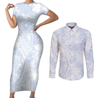 Samoa White Sunday Couples Matching Short Sleeve Bodycon Dress and Long Sleeve Button Shirt Plumeria Floral LT01 White - Polynesian Pride
